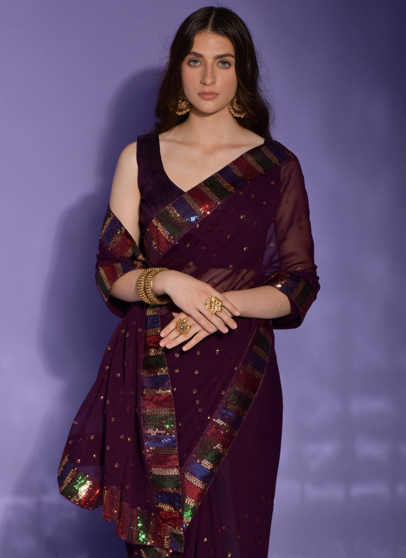 Vegaa Fashion Wine Georgette Sequence Party Wear Saree | Grocsy