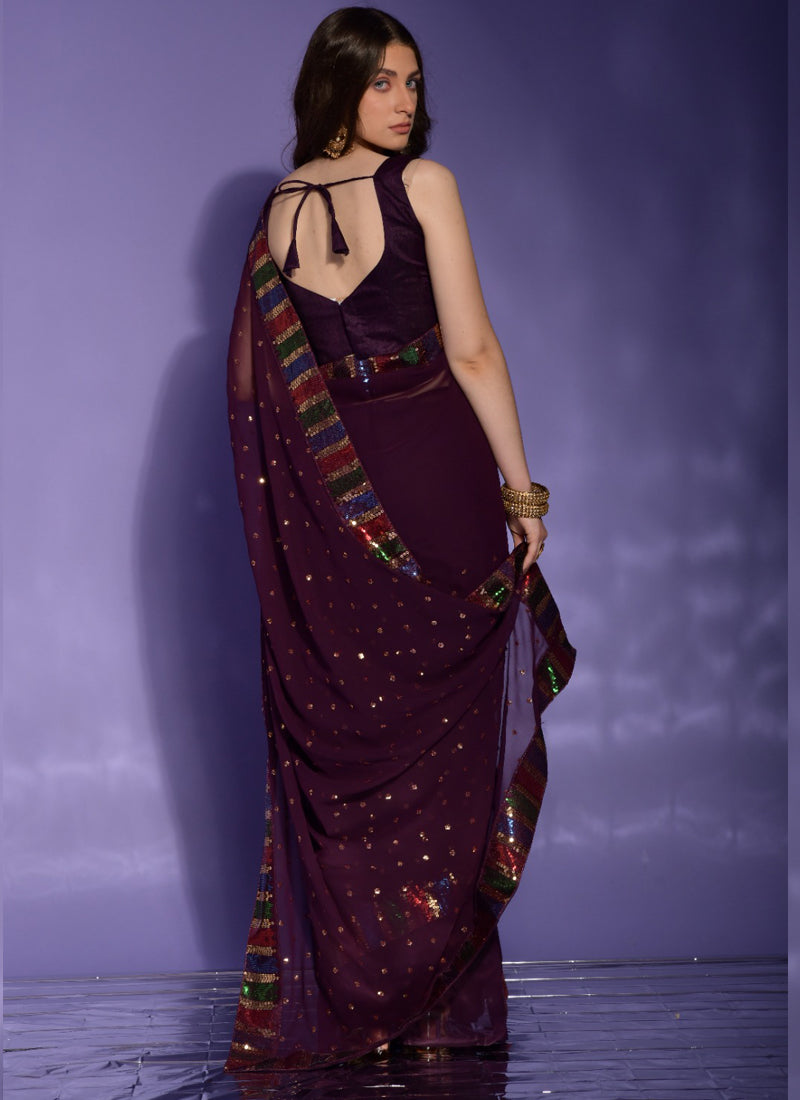 Vegaa Fashion Wine Georgette Sequence Party Wear Saree | Grocsy
