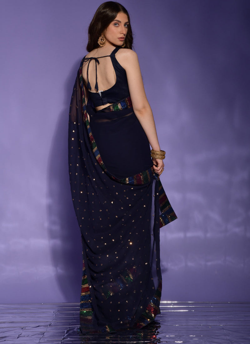 Vegaa Fashion Blue Georgette Sequence Party Wear Saree | Grocsy