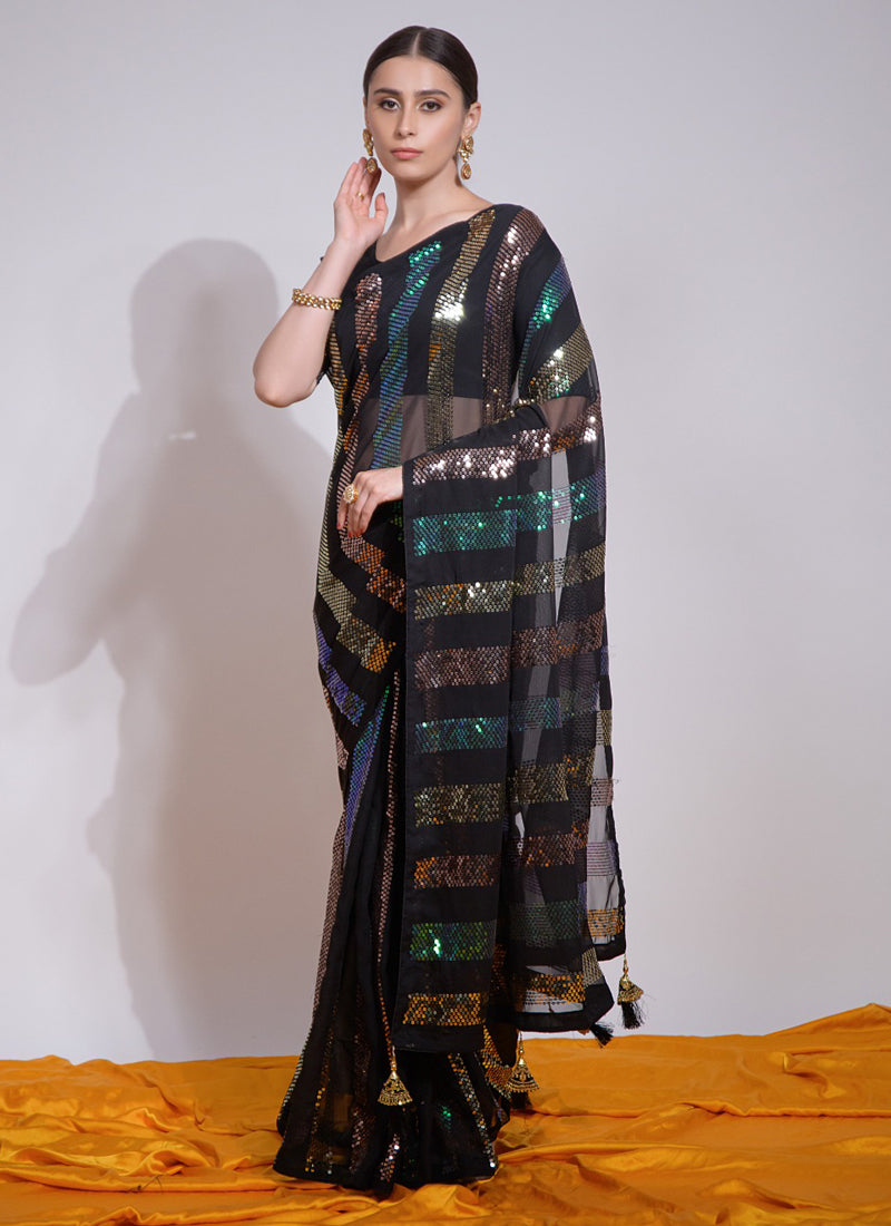 Vegaa Fashion Black Georgette Sequence Party Wear Saree | Grocsy