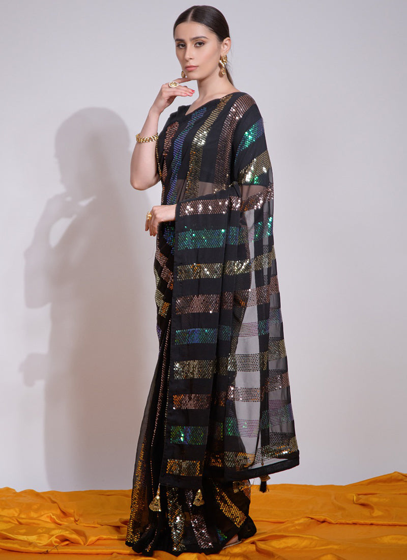 Vegaa Fashion Black Georgette Sequence Party Wear Saree | Grocsy
