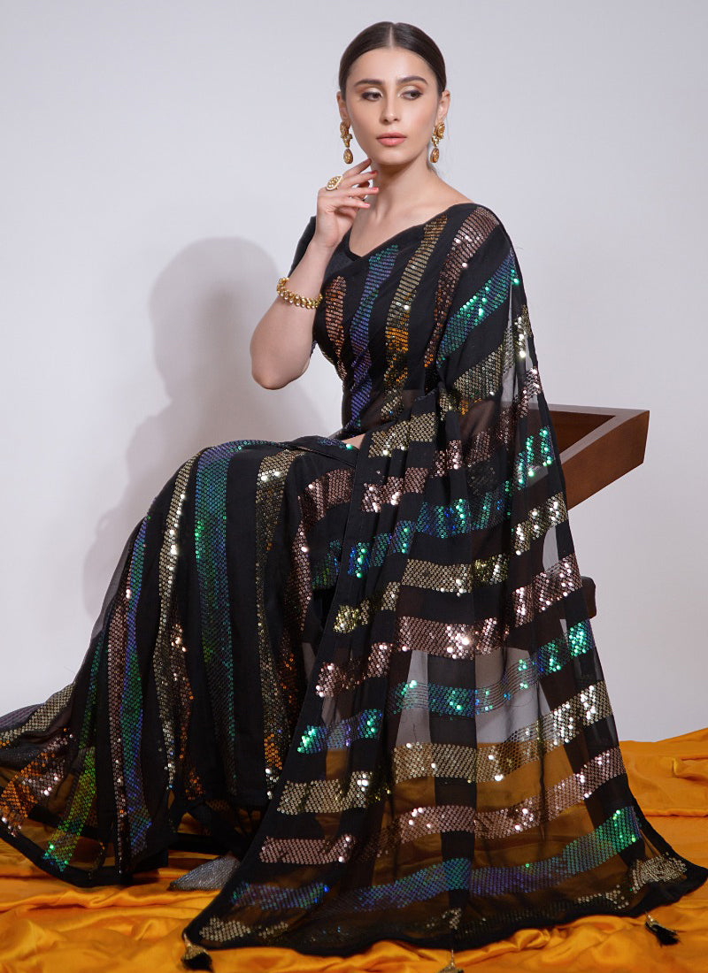 Vegaa Fashion Black Georgette Sequence Party Wear Saree | Grocsy
