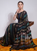 Vegaa Fashion Black Georgette Sequence Party Wear Saree | Grocsy