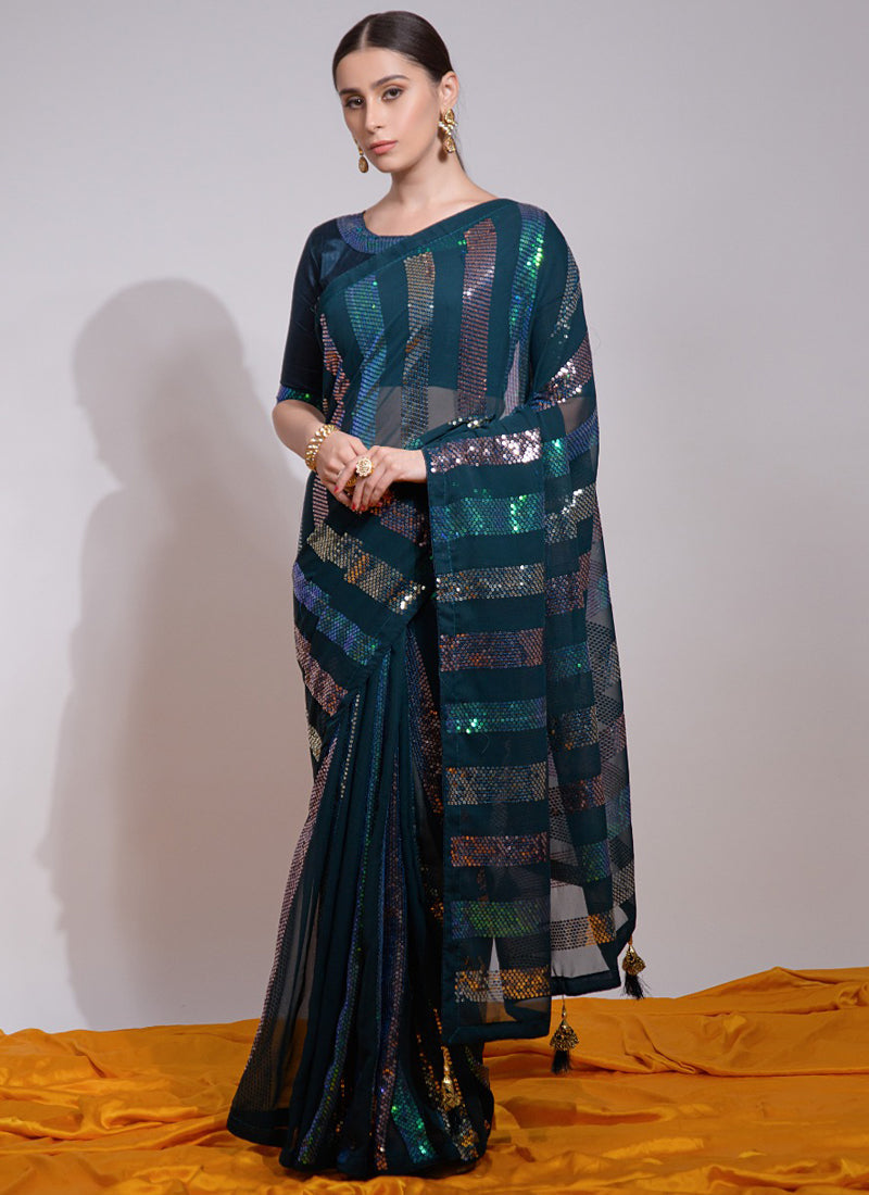 Vegaa Fashion Teal Georgette Sequence Party Wear Saree | Grocsy
