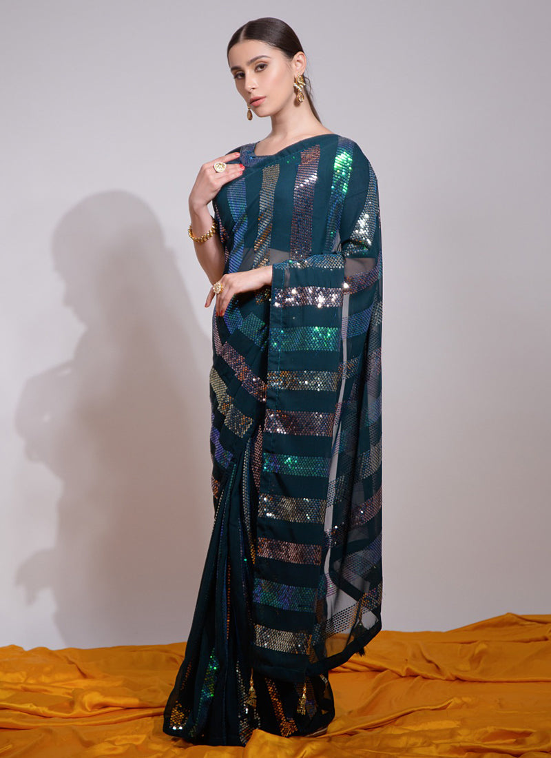 Vegaa Fashion Teal Georgette Sequence Party Wear Saree | Grocsy