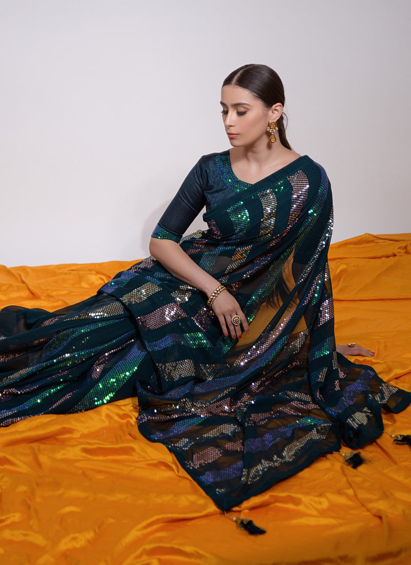 Vegaa Fashion Teal Georgette Sequence Party Wear Saree | Grocsy