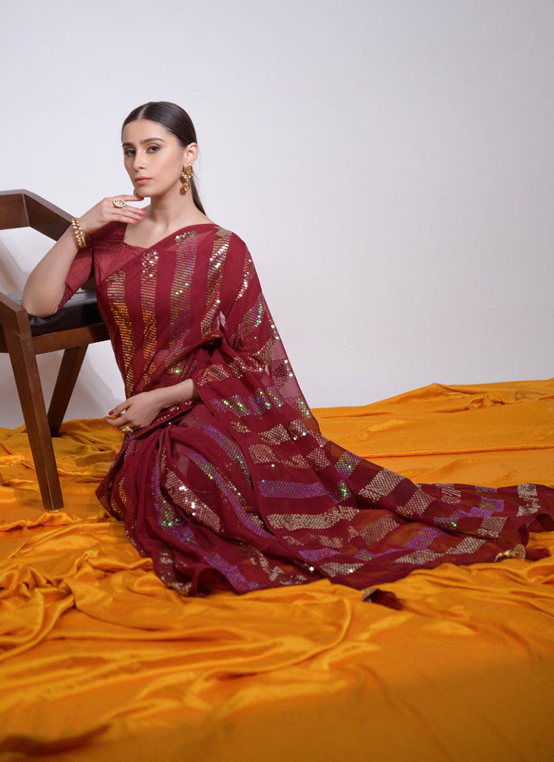 Vegaa Fashion Maroon Georgette Sequence Party Wear Saree | Grocsy