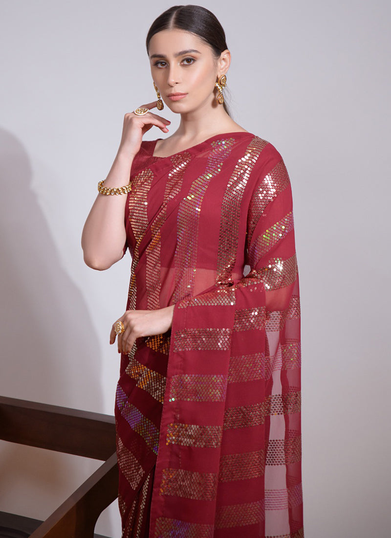 Vegaa Fashion Maroon Georgette Sequence Party Wear Saree | Grocsy
