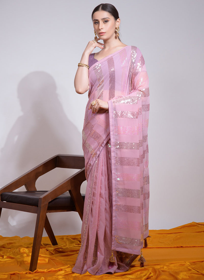 Vegaa Fashion Baby Pink Georgette Sequence Party Wear Saree | Grocsy