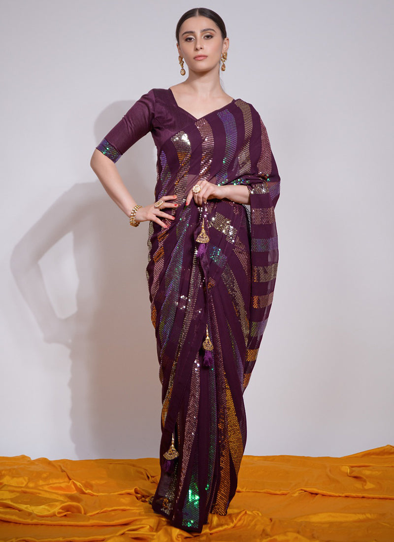 Vegaa Fashion Wine Georgette Sequence Party Wear Saree | Grocsy