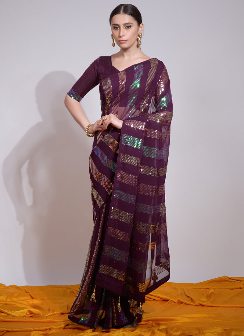 Vegaa Fashion Wine Georgette Sequence Party Wear Saree | Grocsy