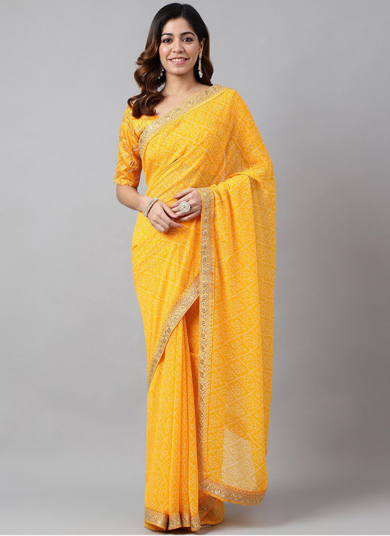 Vegaa Fashion Yellow Soft Georgette Bandhani Saree | Grocsy