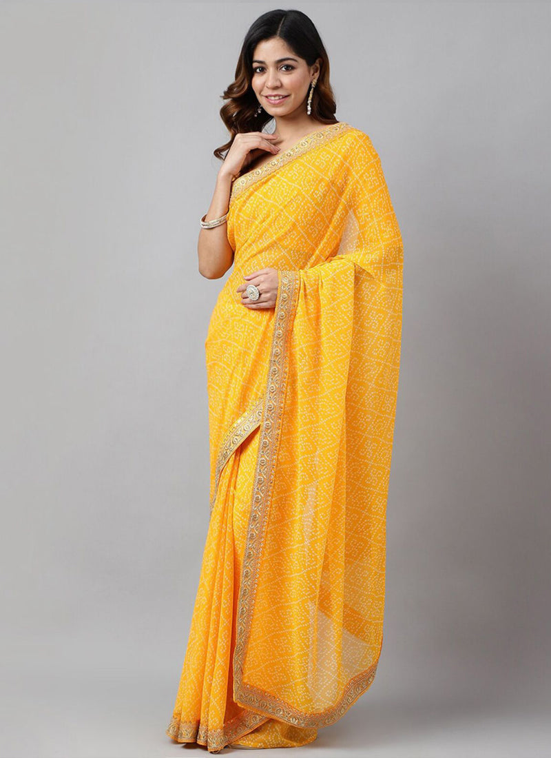 Vegaa Fashion Yellow Soft Georgette Bandhani Saree | Grocsy