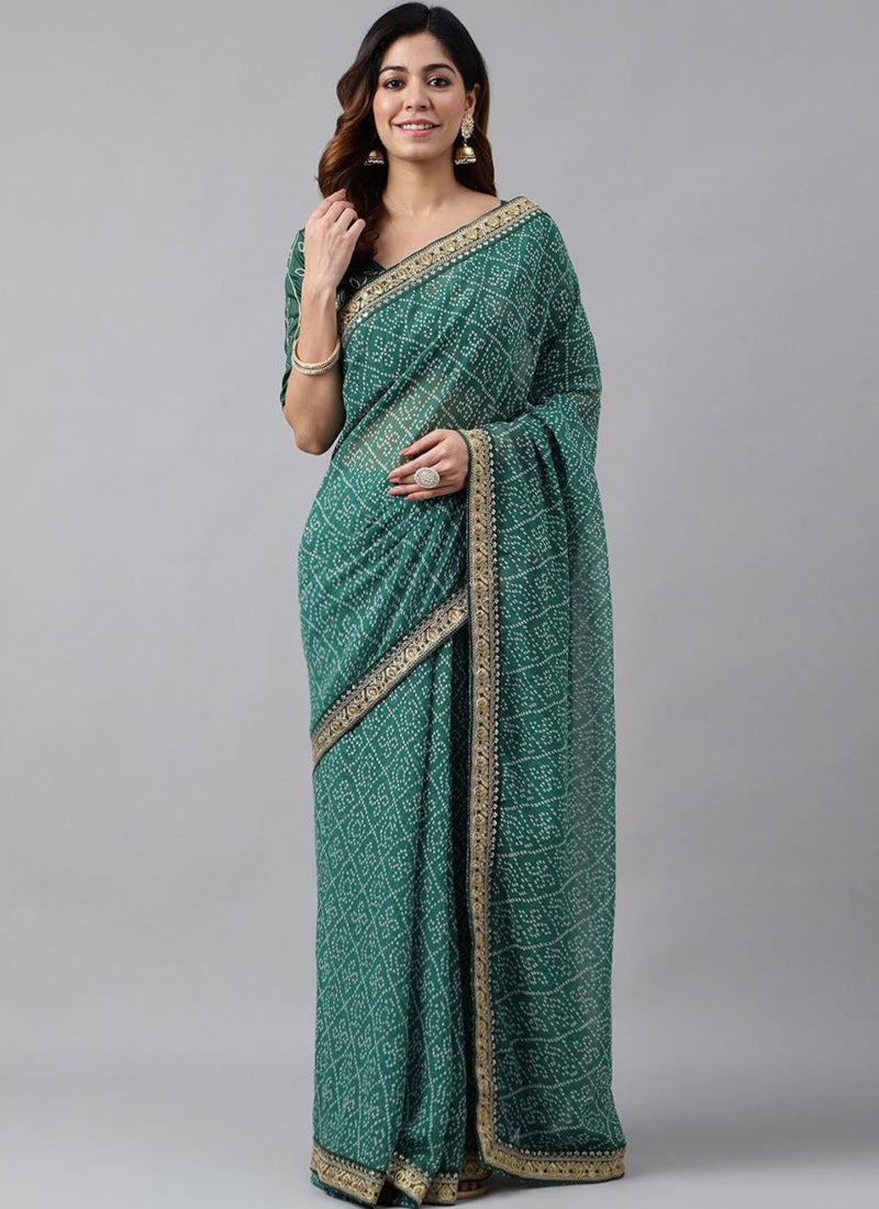 Vegaa Fashion Green Soft Georgette Bandhani Saree | Grocsy