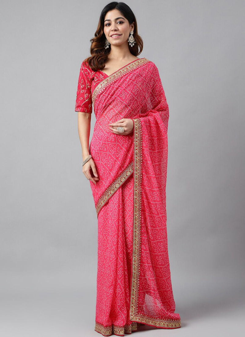 Vegaa Fashion Pink Soft Georgette Bandhani Saree | Grocsy