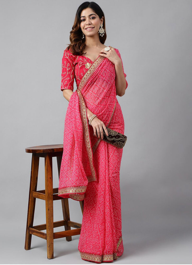 Vegaa Fashion Pink Soft Georgette Bandhani Saree | Grocsy