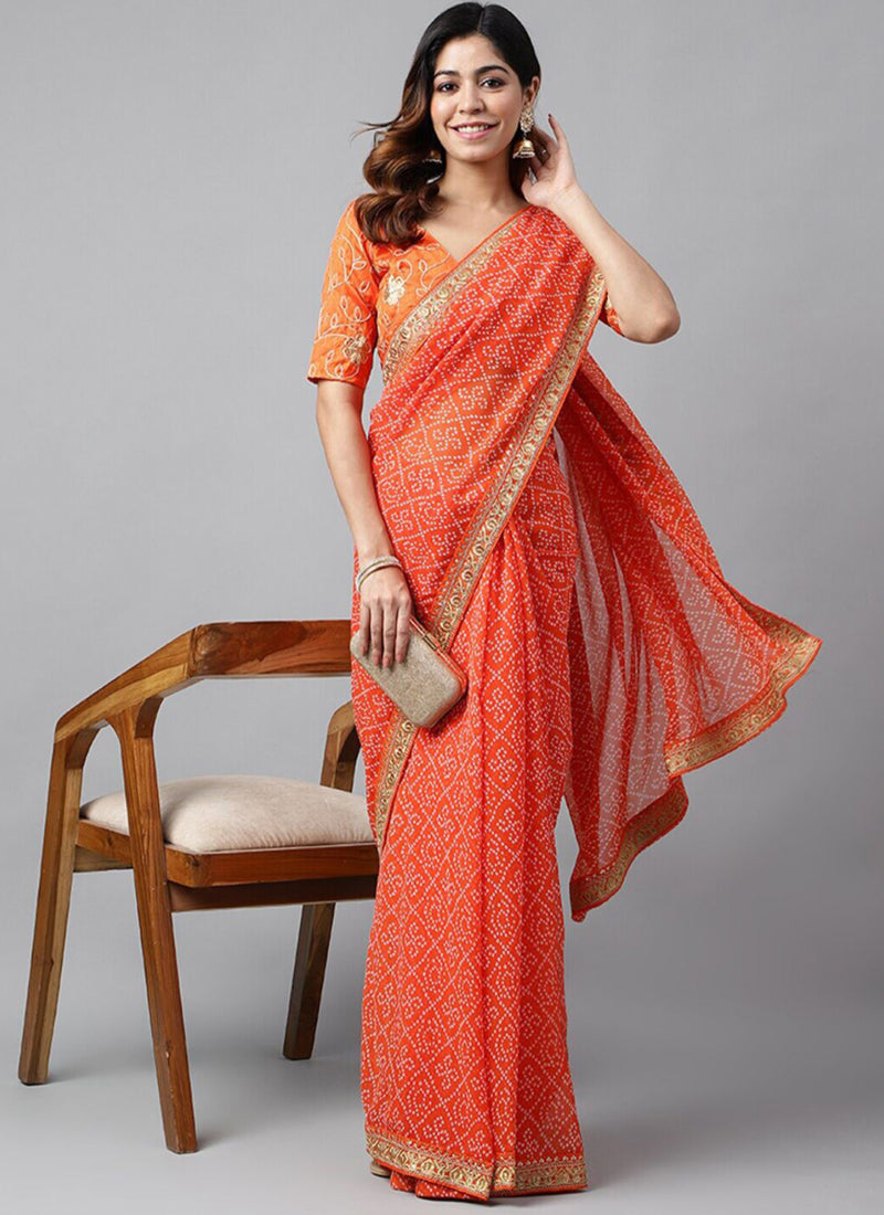 Vegaa Fashion Orange Soft Georgette Bandhani Saree | Grocsy