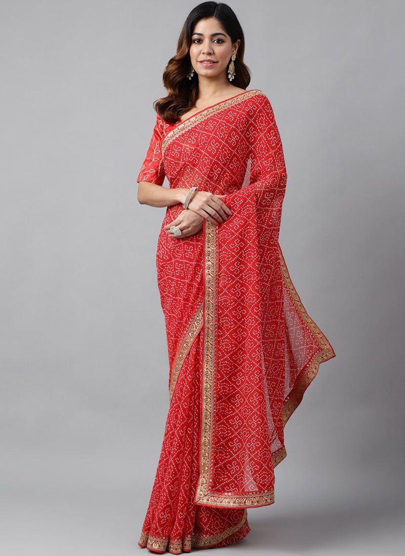 Vegaa Fashion Red Soft Georgette Bandhani Saree | Grocsy