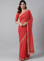 Vegaa Fashion Red Soft Georgette Bandhani Saree | Grocsy
