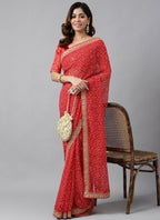Vegaa Fashion Red Soft Georgette Bandhani Saree | Grocsy
