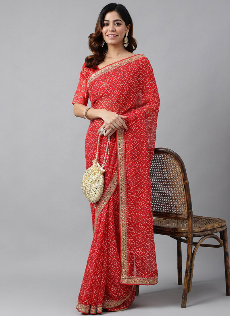 Vegaa Fashion Red Soft Georgette Bandhani Saree | Grocsy