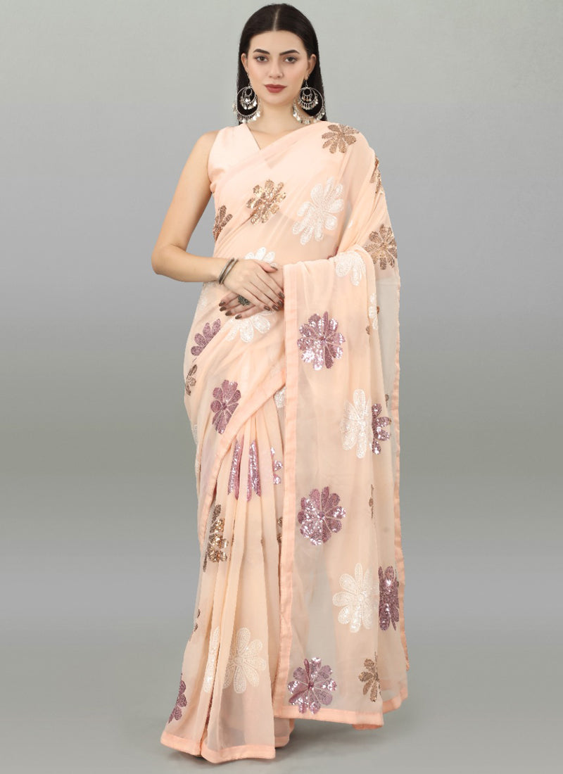 Vegaa Fashion Peach Georgette Embroidered Saree | Grocsy