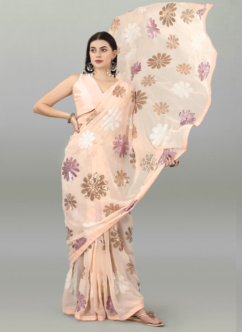 Vegaa Fashion Peach Georgette Embroidered Saree | Grocsy