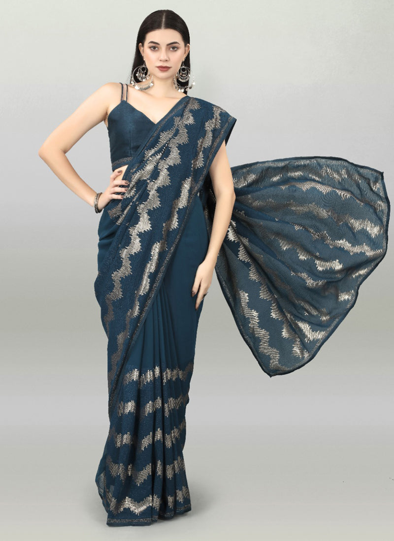 Vegaa Fashion Acqua Blue Georgette Sequence Party Wear Saree | Grocsy