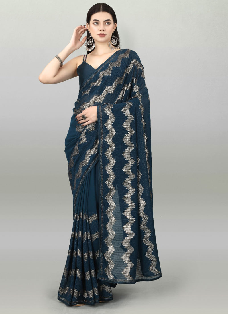 Vegaa Fashion Acqua Blue Georgette Sequence Party Wear Saree | Grocsy