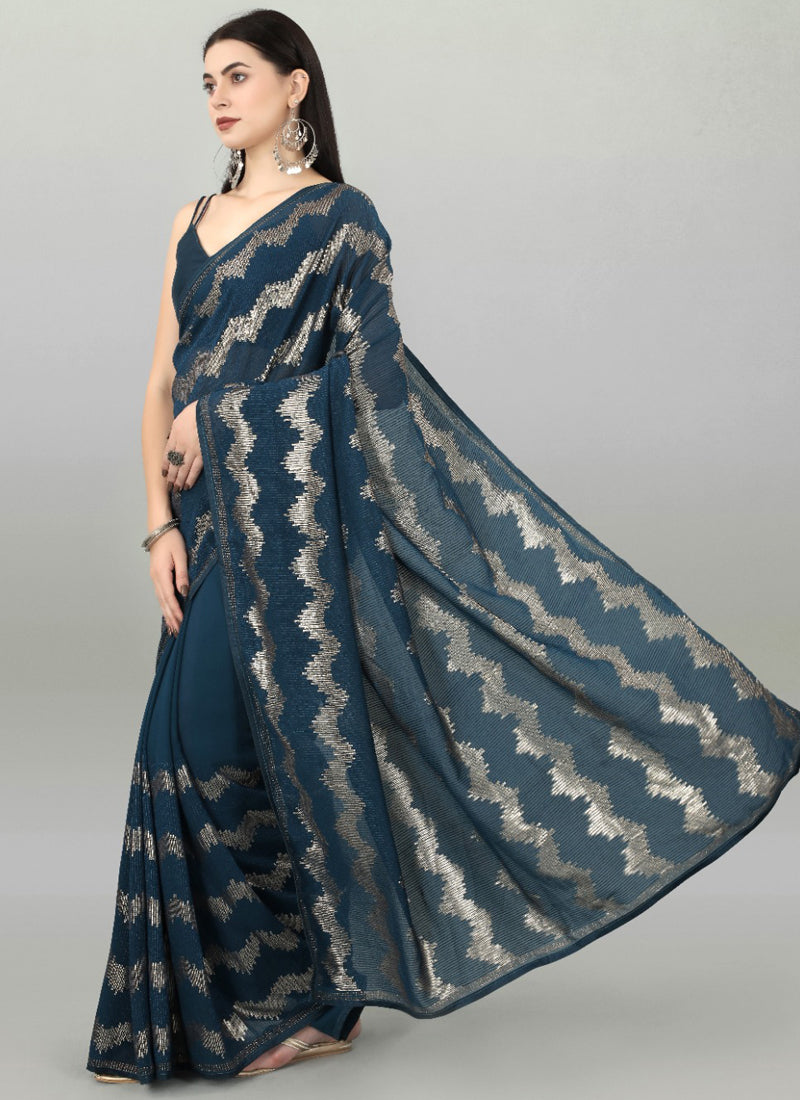 Vegaa Fashion Acqua Blue Georgette Sequence Party Wear Saree | Grocsy