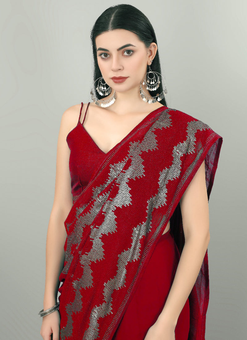 Vegaa Fashion Red Georgette Sequence Party Wear Saree | Grocsy