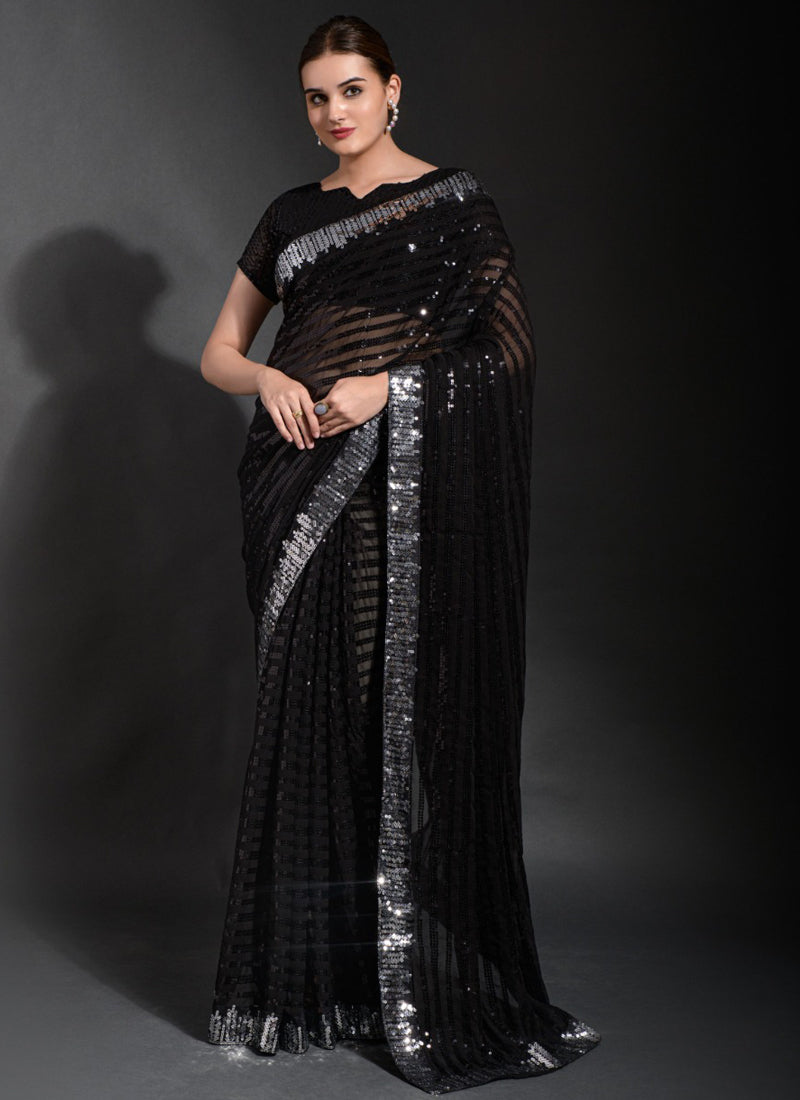 Vegaa Fashion Black Georgette Sequence Party Wear Saree | Grocsy