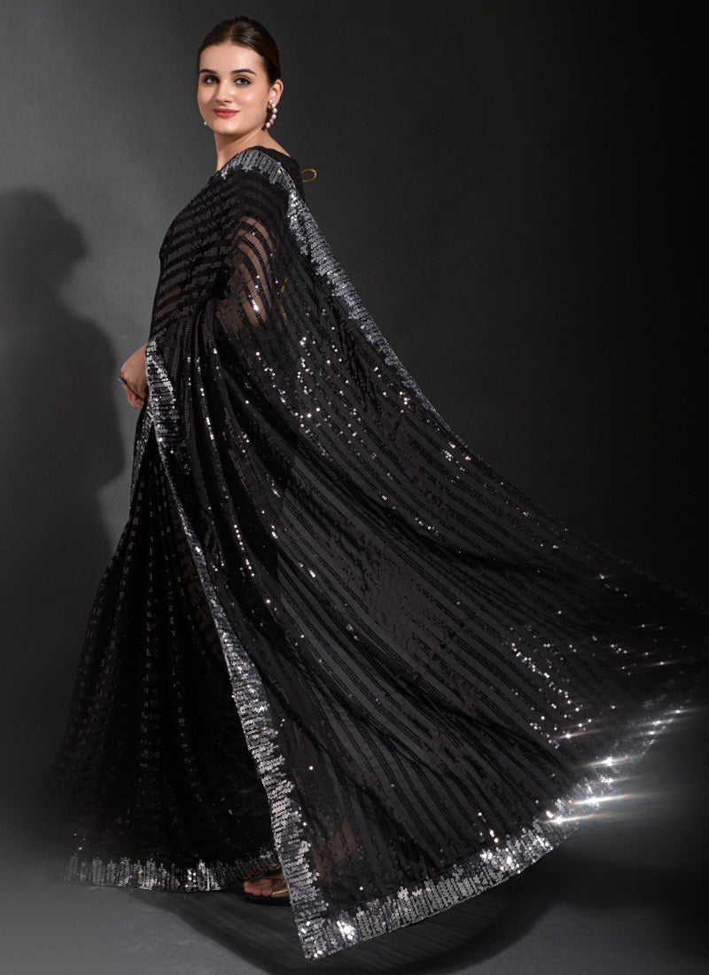Vegaa Fashion Black Georgette Sequence Party Wear Saree | Grocsy