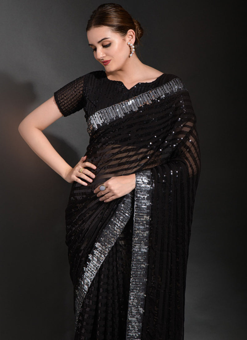 Vegaa Fashion Black Georgette Sequence Party Wear Saree | Grocsy