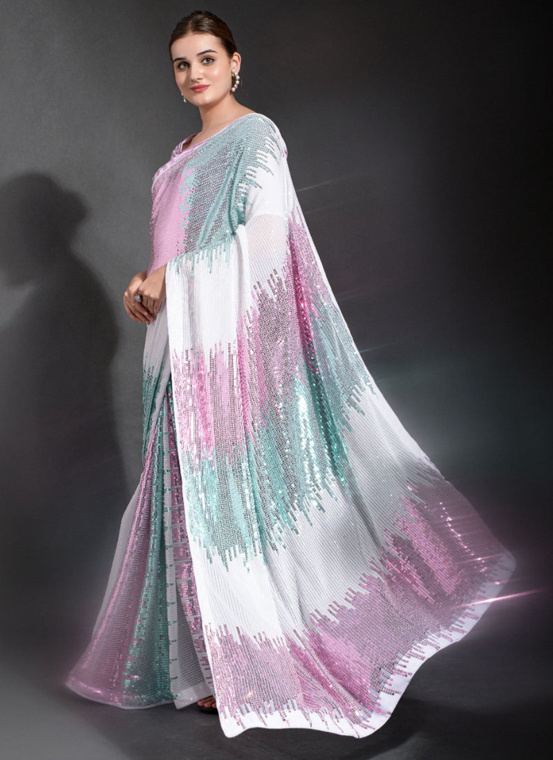Vegaa Fashion Off White Georgette Sequence Party Wear Saree | Grocsy