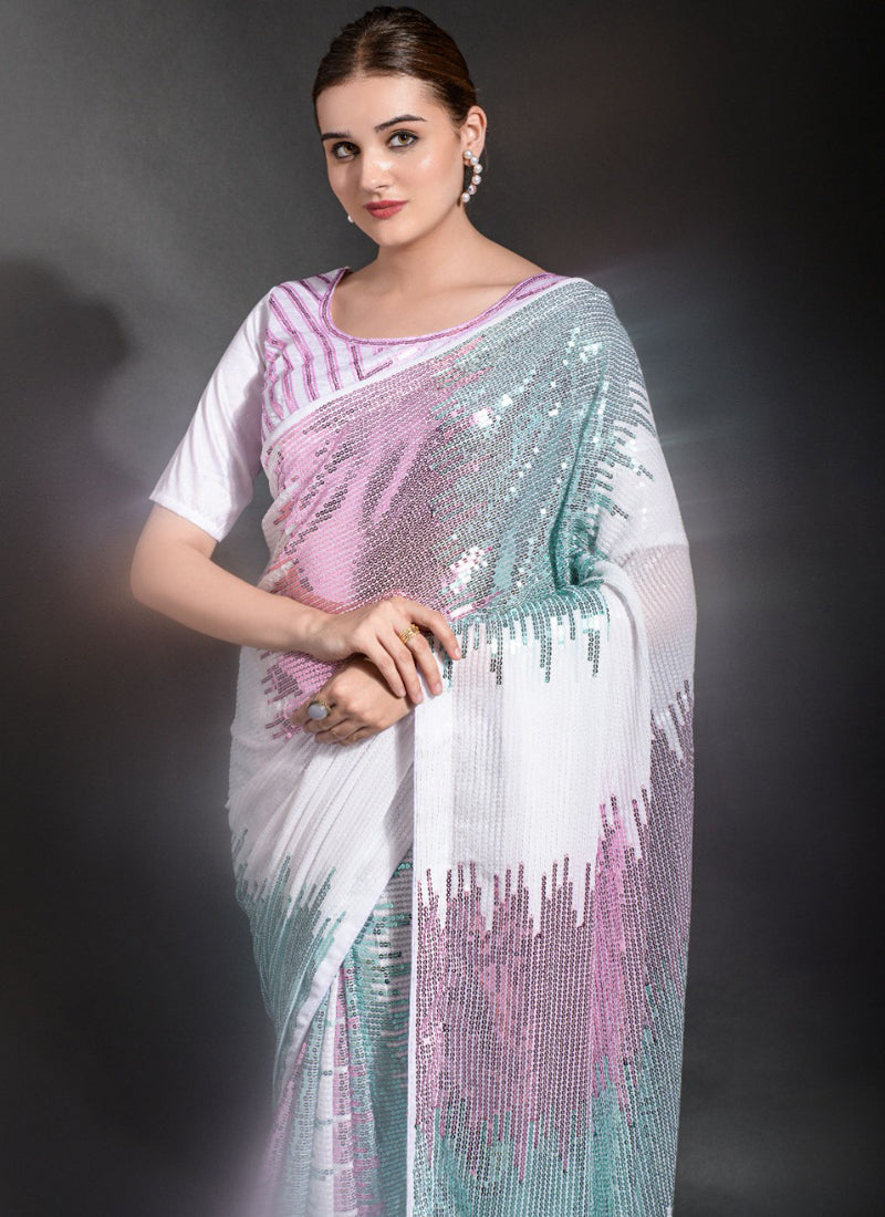 Vegaa Fashion Off White Georgette Sequence Party Wear Saree | Grocsy