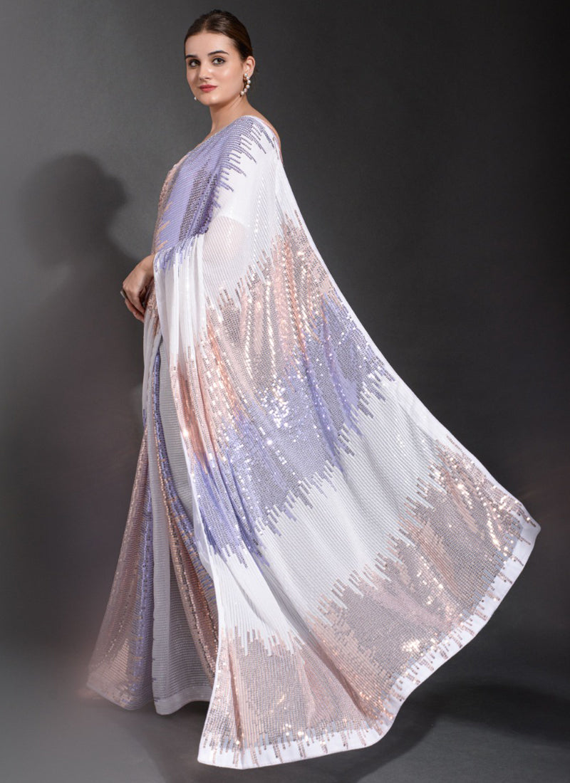 Vegaa Fashion Off White Georgette Sequence Party Wear Saree | Grocsy