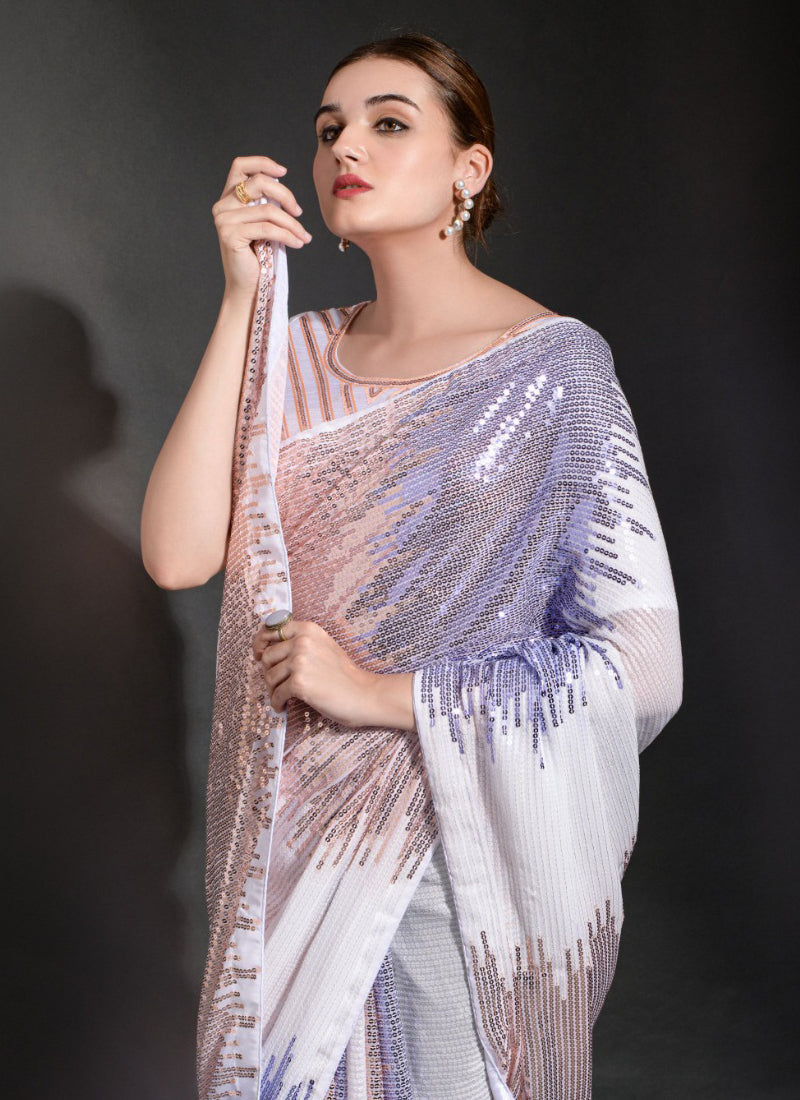 Vegaa Fashion Off White Georgette Sequence Party Wear Saree | Grocsy