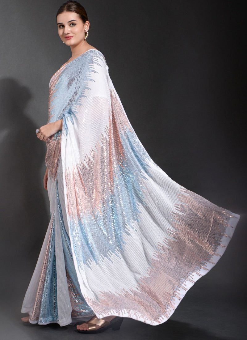 Vegaa Fashion Off White Georgette Sequence Party Wear Saree | Grocsy