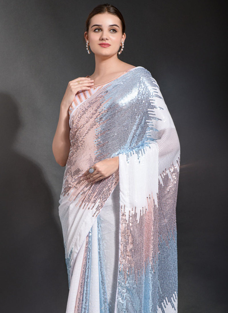 Vegaa Fashion Off White Georgette Sequence Party Wear Saree | Grocsy
