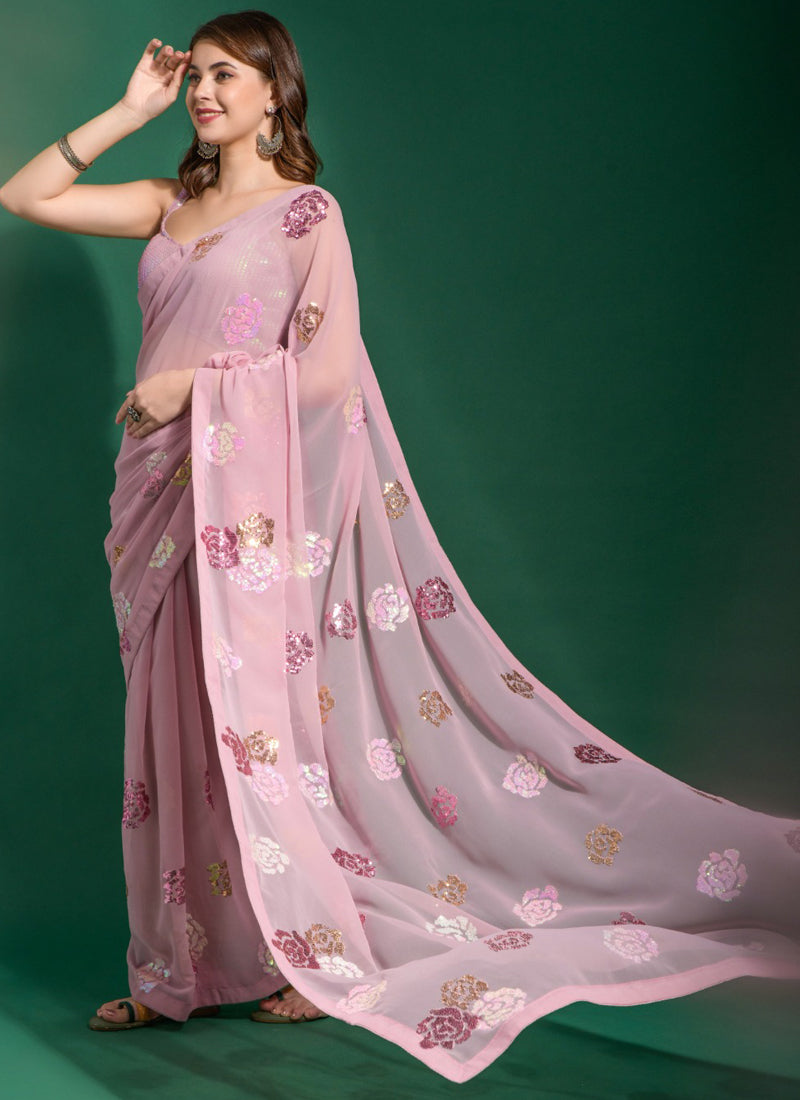 Vegaa Fashion Onion Pink Georgette Sequence Flower Work Saree | Grocsy