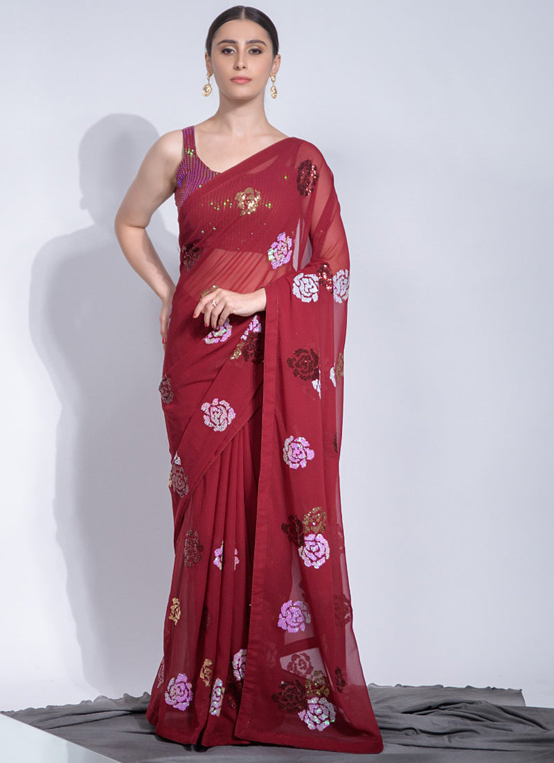 Vegaa Fashion Red Georgette Sequence Flower Work Saree | Grocsy