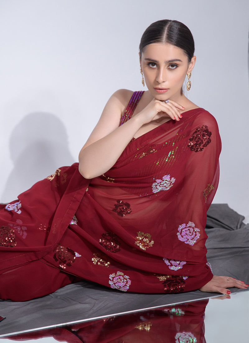 Vegaa Fashion Red Georgette Sequence Flower Work Saree | Grocsy