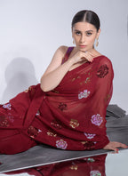 Vegaa Fashion Red Georgette Sequence Flower Work Saree | Grocsy