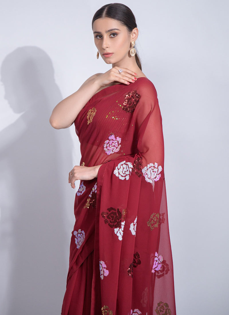Vegaa Fashion Red Georgette Sequence Flower Work Saree | Grocsy