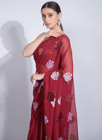 Vegaa Fashion Red Georgette Sequence Flower Work Saree | Grocsy