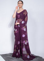 Vegaa Fashion Wine Georgette Sequence Flower Work Saree | Grocsy