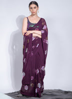 Vegaa Fashion Wine Georgette Sequence Flower Work Saree | Grocsy