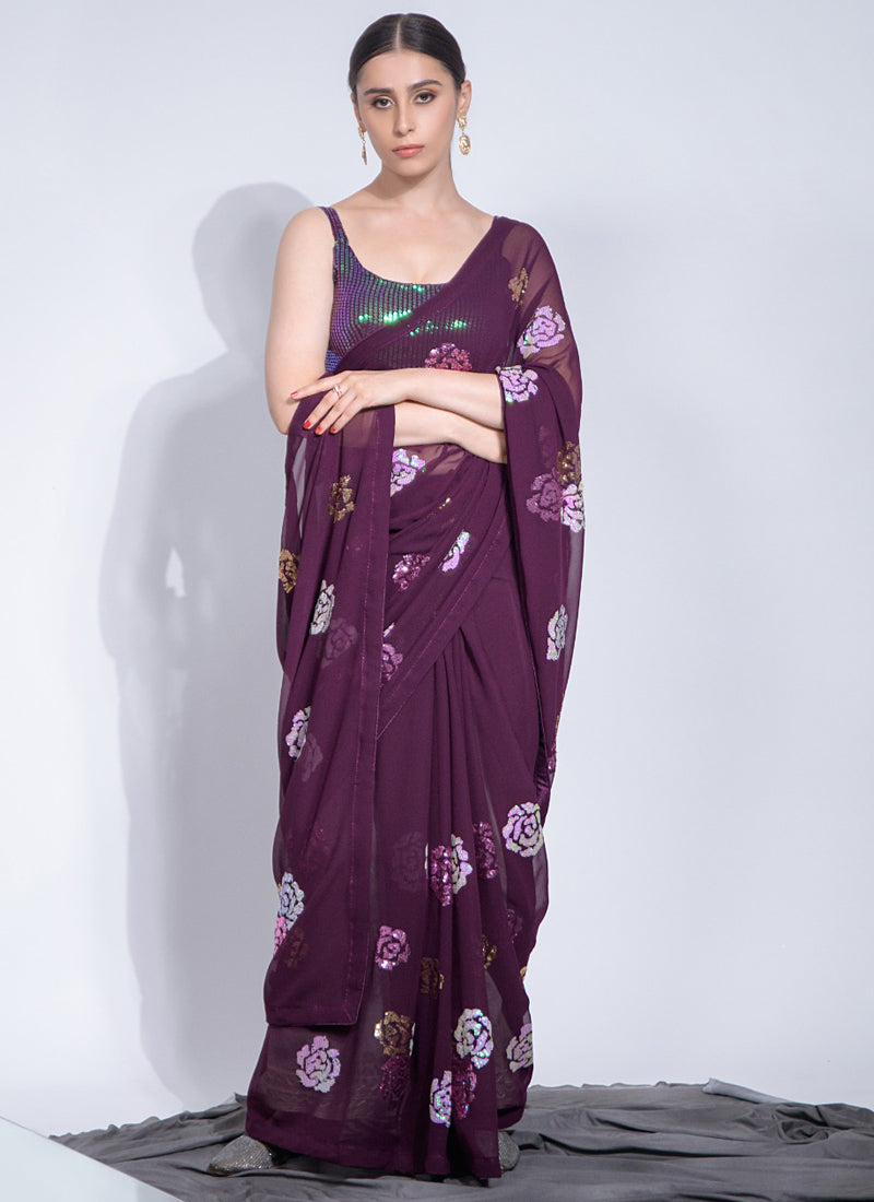 Vegaa Fashion Wine Georgette Sequence Flower Work Saree | Grocsy