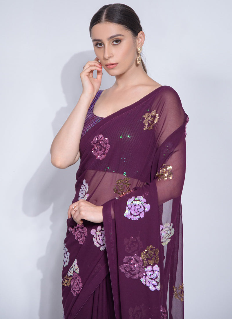 Vegaa Fashion Wine Georgette Sequence Flower Work Saree | Grocsy